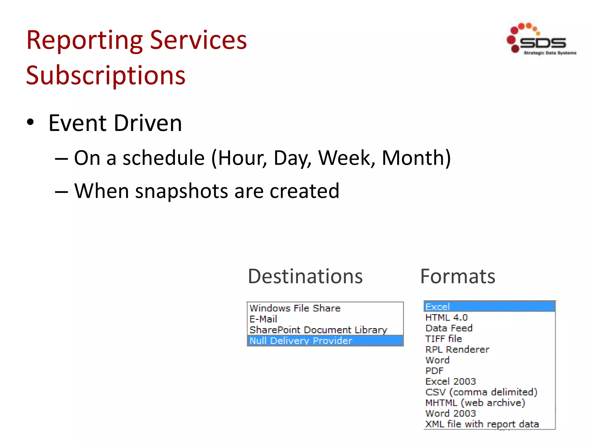 Reporting Services
Subscriptions
• Event Driven
– On a schedule (Hour, Day, Week, Month)
– When snapshots are created
FormatsDestinations
 