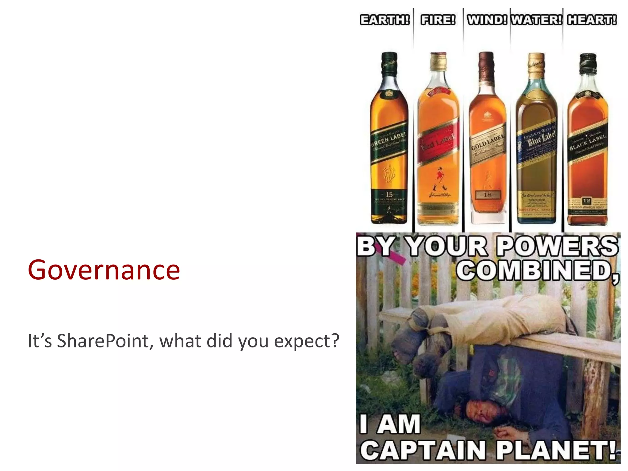 Governance
It’s SharePoint, what did you expect?
 