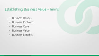 Establishing Business Value - Terms
• Business Drivers
• Business Problem
• Business Case
• Business Value
• Business Benefits
 