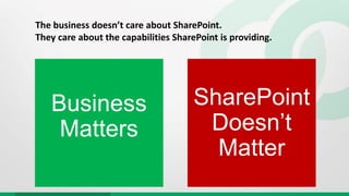 The business doesn’t care about SharePoint.
They care about the capabilities SharePoint is providing.
 