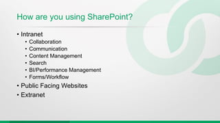 How are you using SharePoint?
• Intranet
• Collaboration
• Communication
• Content Management
• Search
• BI/Performance Management
• Forms/Workflow
• Public Facing Websites
• Extranet
 
