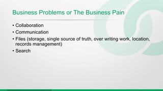Business Problems or The Business Pain
• Collaboration
• Communication
• Files (storage, single source of truth, over writing work, location,
records management)
• Search
 