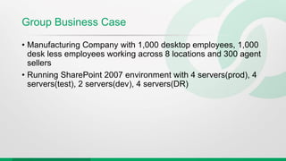Group Business Case
• Manufacturing Company with 1,000 desktop employees, 1,000
desk less employees working across 8 locations and 300 agent
sellers
• Running SharePoint 2007 environment with 4 servers(prod), 4
servers(test), 2 servers(dev), 4 servers(DR)
 