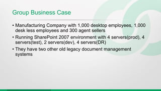 Group Business Case
• Manufacturing Company with 1,000 desktop employees, 1,000
desk less employees and 300 agent sellers
• Running SharePoint 2007 environment with 4 servers(prod), 4
servers(test), 2 servers(dev), 4 servers(DR)
• They have two other old legacy document management
systems
 
