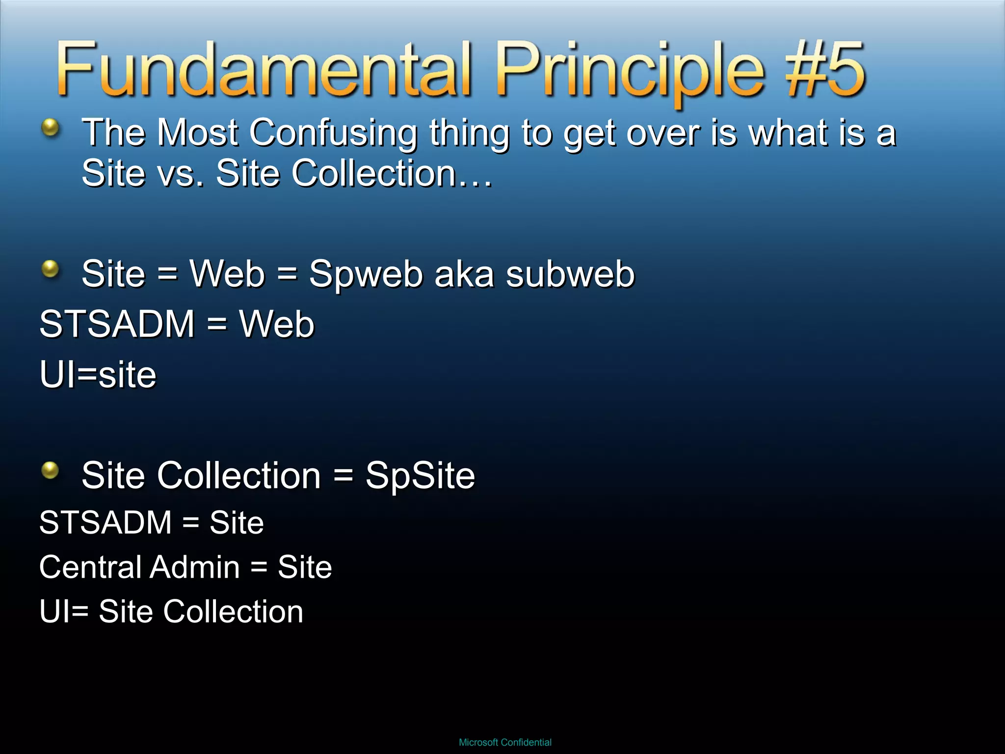The Most Confusing thing to get over is what is a Site vs. Site Collection… Site = Web = Spweb aka subweb STSADM = Web UI=site Site Collection = SpSite STSADM = Site Central Admin = Site UI= Site Collection 