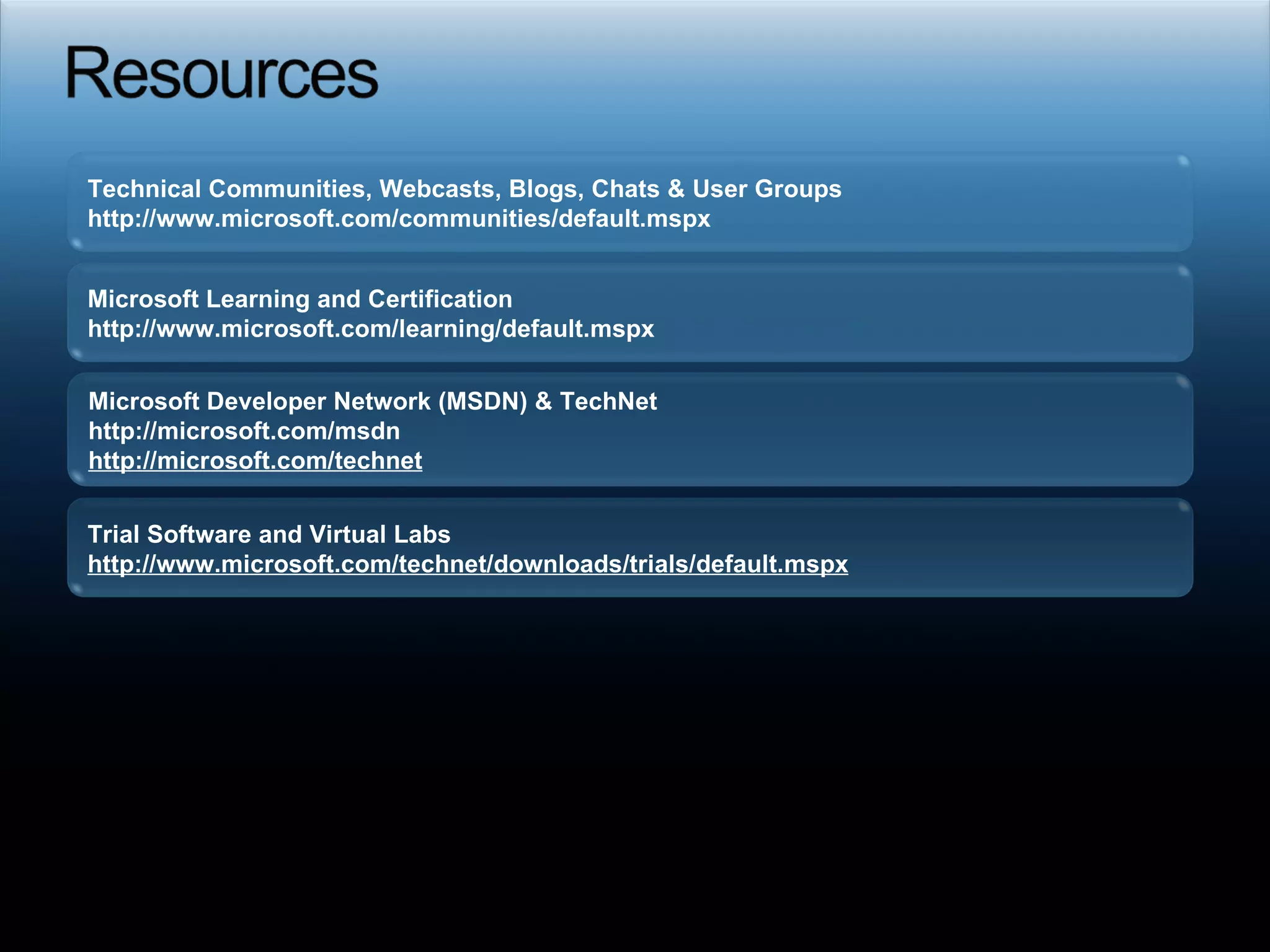 Required slide Technical Communities, Webcasts, Blogs, Chats & User Groups http://www.microsoft.com/communities/default.mspx  Microsoft Developer Network (MSDN) & TechNet  http://microsoft.com/msdn  http://microsoft.com/technet   Trial Software and Virtual Labs http://www.microsoft.com/technet/downloads/trials/default.mspx   Microsoft Learning and Certification http://www.microsoft.com/learning/default.mspx  
