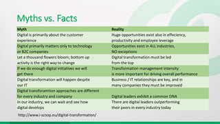 Myths vs. Facts
Myth Reality
Digital is primarily about the customer
experience
Huge opportunities exist also in effeciency,
productivity and employee leverage
Digital primarily matters only to technology
or B2C companies
Opportunities exist in ALL industries,
NO exceptions
Let a thousand flowers bloom; bottom up
activity is the right way to change
Digital transformation must be led
from the top
If we do enough digital initiatives we will
get there
Transformation management intensity
is more important for driving overall performance
Digital transformation will happen despite
our IT
Business / IT relationships are key, and in
many companies they must be improved
Digital transforamtion approaches are different
for every industry and company Digital leaders exhibit a common DNA
In our industry, we can wait and see how
digital develops
There are digital leaders outperforming
their peers in every industry today
http://www.i-scoop.eu/digital-transformation/
 