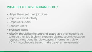 WHAT DO THE BEST INTRANETS DO?
• Helps them get their job done!
• Improves Productivity
• Empowers users
• Enables users
• Engages users
• Ideally, should be the one and only place they need to go
to to do their job (submit expense claims, submit vacation
request, view benefits, view payroll information, view
401K info, schedule travel, make travel arrangements)
 