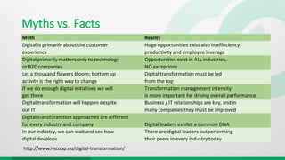 Myths vs. Facts
Myth Reality
Digital is primarily about the customer
experience
Huge opportunities exist also in effecienc...