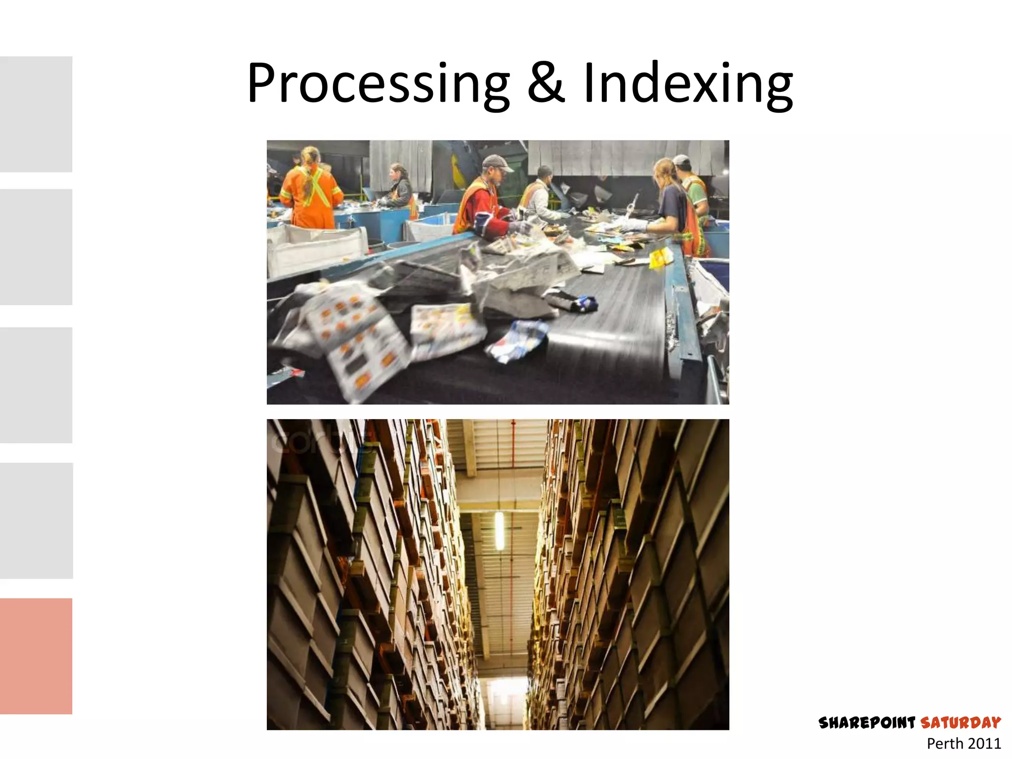 Processing & Indexing




                        SharePoint Saturday
                                    Perth 2011
 
