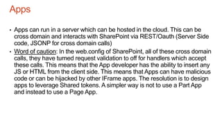 Apps
• Apps can run in a server which can be hosted in the cloud. This can be
cross domain and interacts with SharePoint via REST/Oauth (Server Side
code, JSONP for cross domain calls)
• Word of caution: In the web.config of SharePoint, all of these cross domain
calls, they have turned request validation to off for handlers which accept
these calls. This means that the App developer has the ability to insert any
JS or HTML from the client side. This means that Apps can have malicious
code or can be hijacked by other IFrame apps. The resolution is to design
apps to leverage Shared tokens. A simpler way is not to use a Part App
and instead to use a Page App.
 
