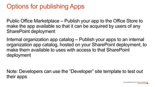 Public Office Marketplace – Publish your app to the Office Store to
make the app available so that it can be acquired by users of any
SharePoint deployment
Internal organization app catalog – Publish your apps to an internal
organization app catalog, hosted on your SharePoint deployment, to
make them available to uses with access to that SharePoint
deployment
Note: Developers can use the “Developer” site template to test out
their apps
Options for publishing Apps
 
