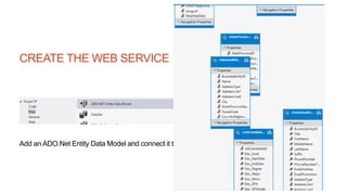 CREATE THE WEB SERVICE
Add an ADO.Net Entity Data Model and connect it to the Azure database
 