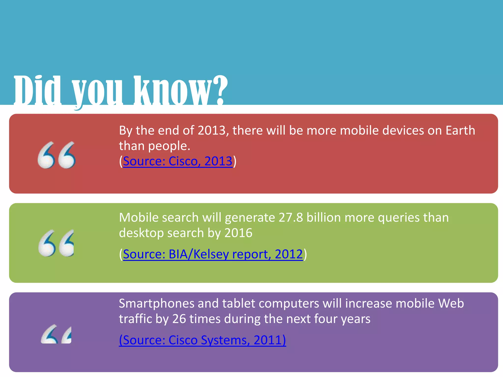 Did you know?
    y
      By the end of 2013, there will be more mobile devices on Earth
      than people.
      (Source: Cisco, 2013)



      Mobile search will generate 27.8 billion more queries than
      desktop search by 2016
      (Source: BIA/Kelsey report, 2012)


      Smartphones and tablet computers will increase mobile Web
      traffic by 26 times during the next four years
      (Source: Cisco Systems, 2011)
 