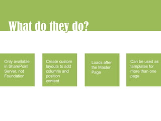 What do they do?
             y

Only available   Create custom    Loads after   Can be used as
in SharePoint    layouts to add   the Master    templates for
Server, not      columns and      Page          more than one
Foundation       position                       page
                 content
 