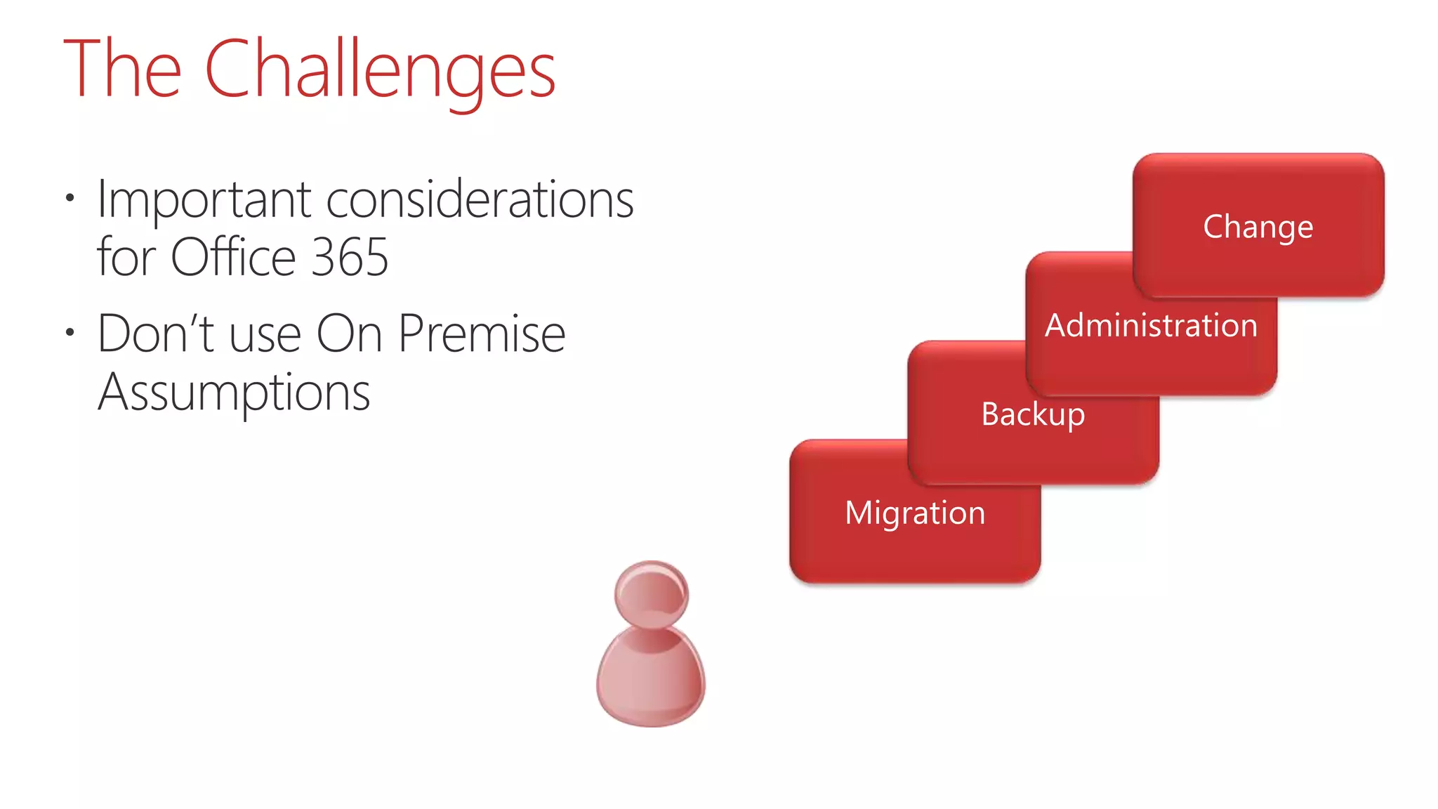 The Challenges
 Important considerations
for Office 365
 Don’t use On Premise
Assumptions
 