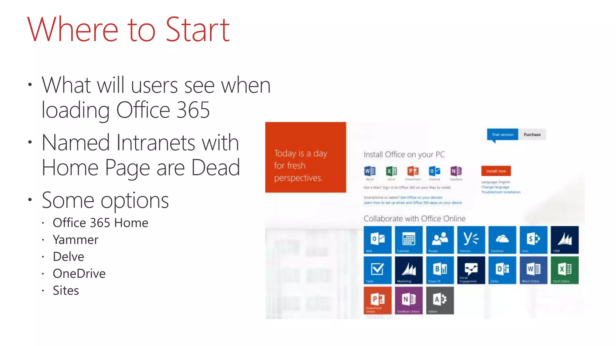 Where to Start
 What will users see when
loading Office 365
 Named Intranets with
Home Page are Dead
 Some options
 Office 365 Home
 Yammer
 Delve
 OneDrive
 Sites
 