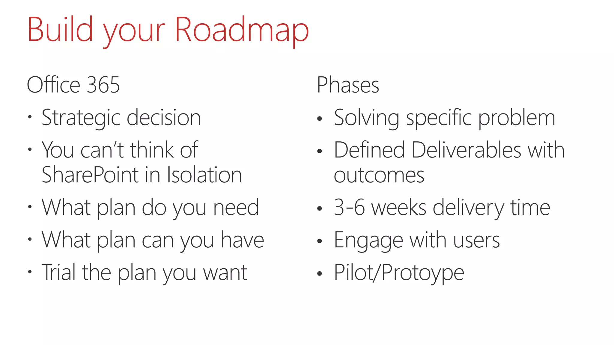 Build your Roadmap
Office 365
 Strategic decision
 You can’t think of
SharePoint in Isolation
 What plan do you need
 What plan can you have
 Trial the plan you want
Phases
• Solving specific problem
• Defined Deliverables with
outcomes
• 3-6 weeks delivery time
• Engage with users
• Pilot/Protoype
 