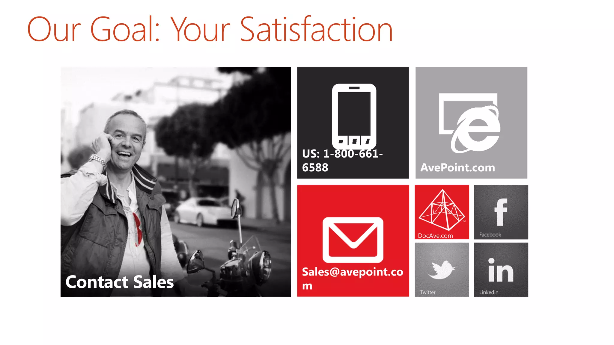 Our Goal: Your Satisfaction
Sales@avepoint.co
m
AvePoint.com
US: 1-800-661-
6588
 