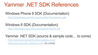 http://developer.yammer.com/mobile/#winphone-sdk
http://developer.yammer.com/mobile/#win8-sdk
http://yammercontractmeow.codeplex.com/
http://yammersdk.codeplex.com/
Yammer .NET SDK References
 