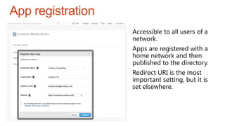 App registration
Accessible to all users of a
network.
Apps are registered with a
home network and then
published to the directory.
Redirect URI is the most
important setting, but it is
set elsewhere.
 