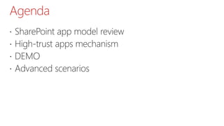 Agenda
 SharePoint app model review
 High-trust apps mechanism
 DEMO
 Advanced scenarios
 