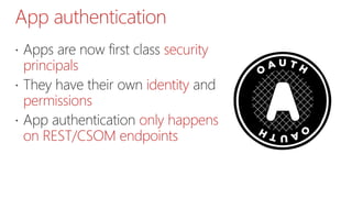 App authentication
 Apps are now first class security
principals
 They have their own identity and
permissions
 App authentication only happens
on REST/CSOM endpoints
 