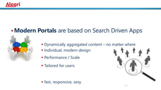  Modern Portals are based on Search Driven Apps
 Dynamically aggregated content – no matter where
 Individual, modern design
 Performance / Scale
 Tailored for users
 fast, responsive, sexy
17
 