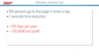  100 persons go to the page 5 times a day
 7 seconds time reduction
 ~130 days per year
 ~ 105.000€ lost profit
2
Motivation: Business Case
 