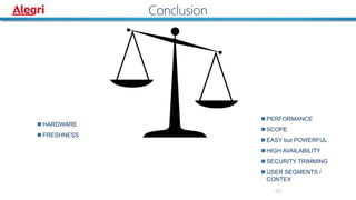 40
Conclusion
 PERFORMANCE
 SCOPE
 EASY but POWERFUL
 HIGH AVAILABILITY
 SECURITY TRIMMING
 USER SEGMENTS /
CONTEX
 HARDWARE
 FRESHNESS
 
