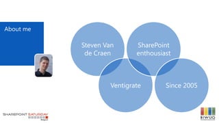 About me
Steven Van
de Craen
Ventigrate
SharePoint
enthousiast
Since 2005
 