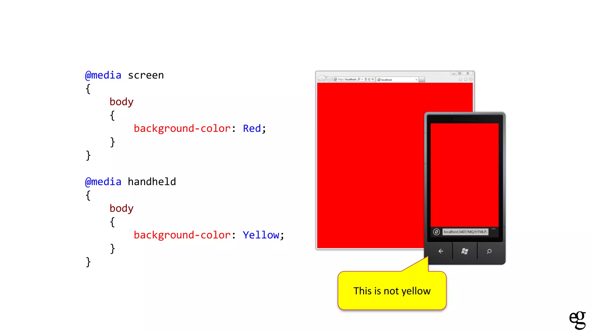 @media screen
{
body
{
background-color: Red;
}
}
@media handheld
{
body
{
background-color: Yellow;
}
}
This is not yellow
 