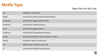 All Suitable for all devices
Braille Intended for braille tactile feedback devices
Embossed Intended for paged braille printers
Handheld Intended for handheld devices
Print Intended for paged material
Projection Intended for projected presentations
Screen Intended primarily for color computer screens
Speech Inteded for speech synthesizers
Tty Media using a fixed character grid
Tv Intended for television-type devices
Taken from the W3C site
Media Type
 