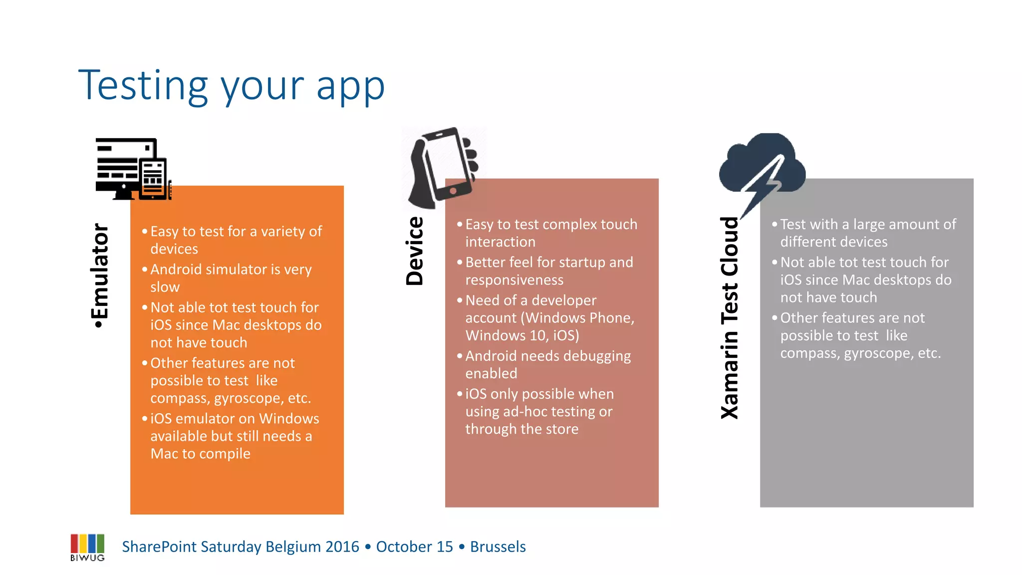SharePoint Saturday Belgium 2016 • October 15 • Brussels
Testing your app•Emulator
•Easy to test for a variety of
devices
•Android simulator is very
slow
•Not able tot test touch for
iOS since Mac desktops do
not have touch
•Other features are not
possible to test like
compass, gyroscope, etc.
•iOS emulator on Windows
available but still needs a
Mac to compile
Device
•Easy to test complex touch
interaction
•Better feel for startup and
responsiveness
•Need of a developer
account (Windows Phone,
Windows 10, iOS)
•Android needs debugging
enabled
•iOS only possible when
using ad-hoc testing or
through the store
XamarinTestCloud
•Test with a large amount of
different devices
•Not able tot test touch for
iOS since Mac desktops do
not have touch
•Other features are not
possible to test like
compass, gyroscope, etc.
 