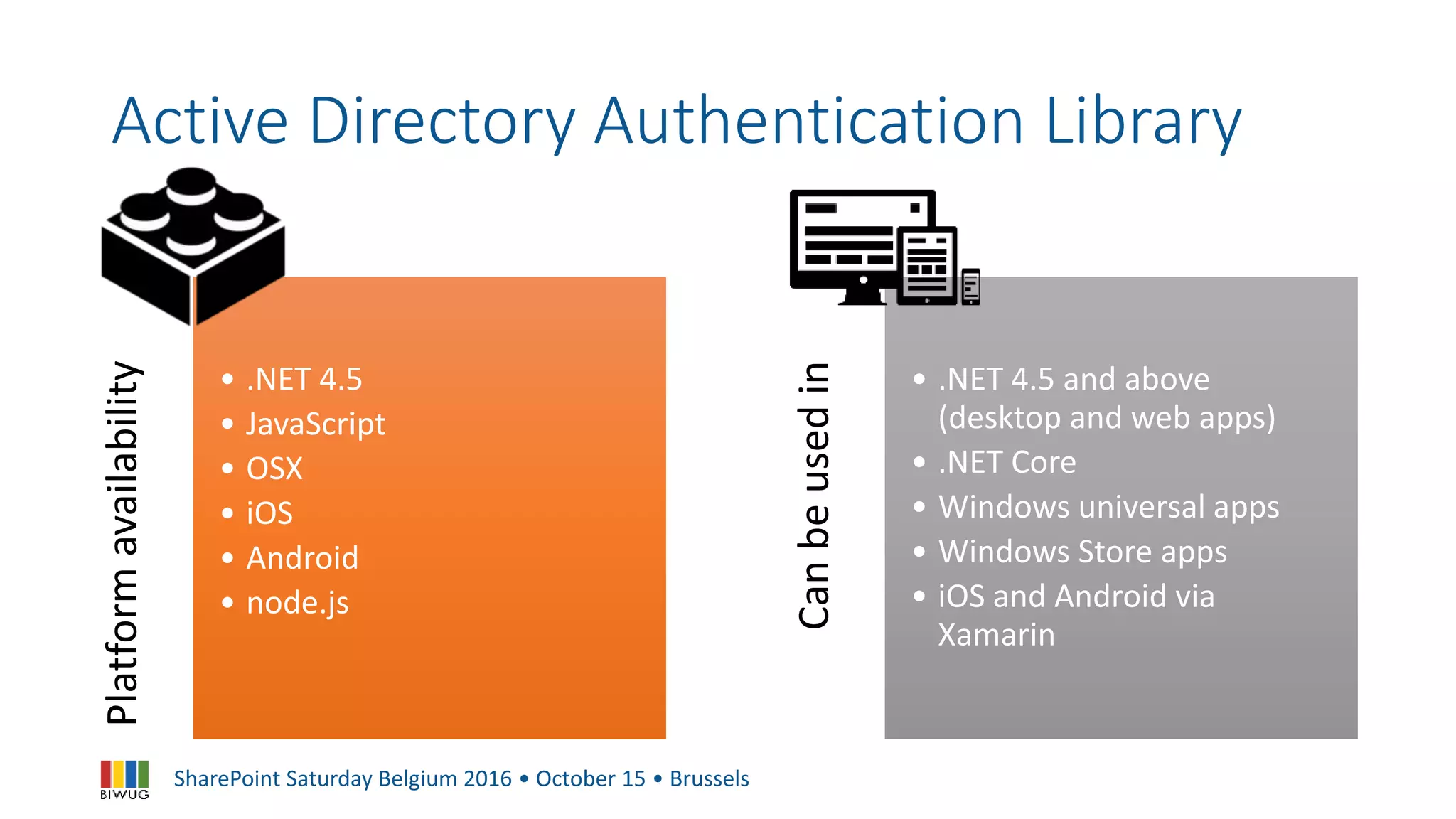 SharePoint Saturday Belgium 2016 • October 15 • Brussels
Active Directory Authentication LibraryPlatformavailability
• .NET 4.5
• JavaScript
• OSX
• iOS
• Android
• node.js
Canbeusedin
• .NET 4.5 and above
(desktop and web apps)
• .NET Core
• Windows universal apps
• Windows Store apps
• iOS and Android via
Xamarin
 