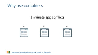 SharePoint Saturday Belgium 2016 • October 15 • Brussels
V1 V2 V3
Why use containers
Eliminate app conflicts
 