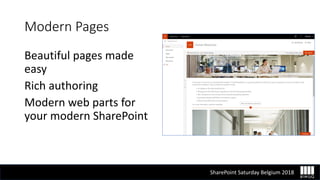 SharePoint Saturday Belgium 2018
Modern Pages
Beautiful pages made
easy
Rich authoring
Modern web parts for
your modern Sh...