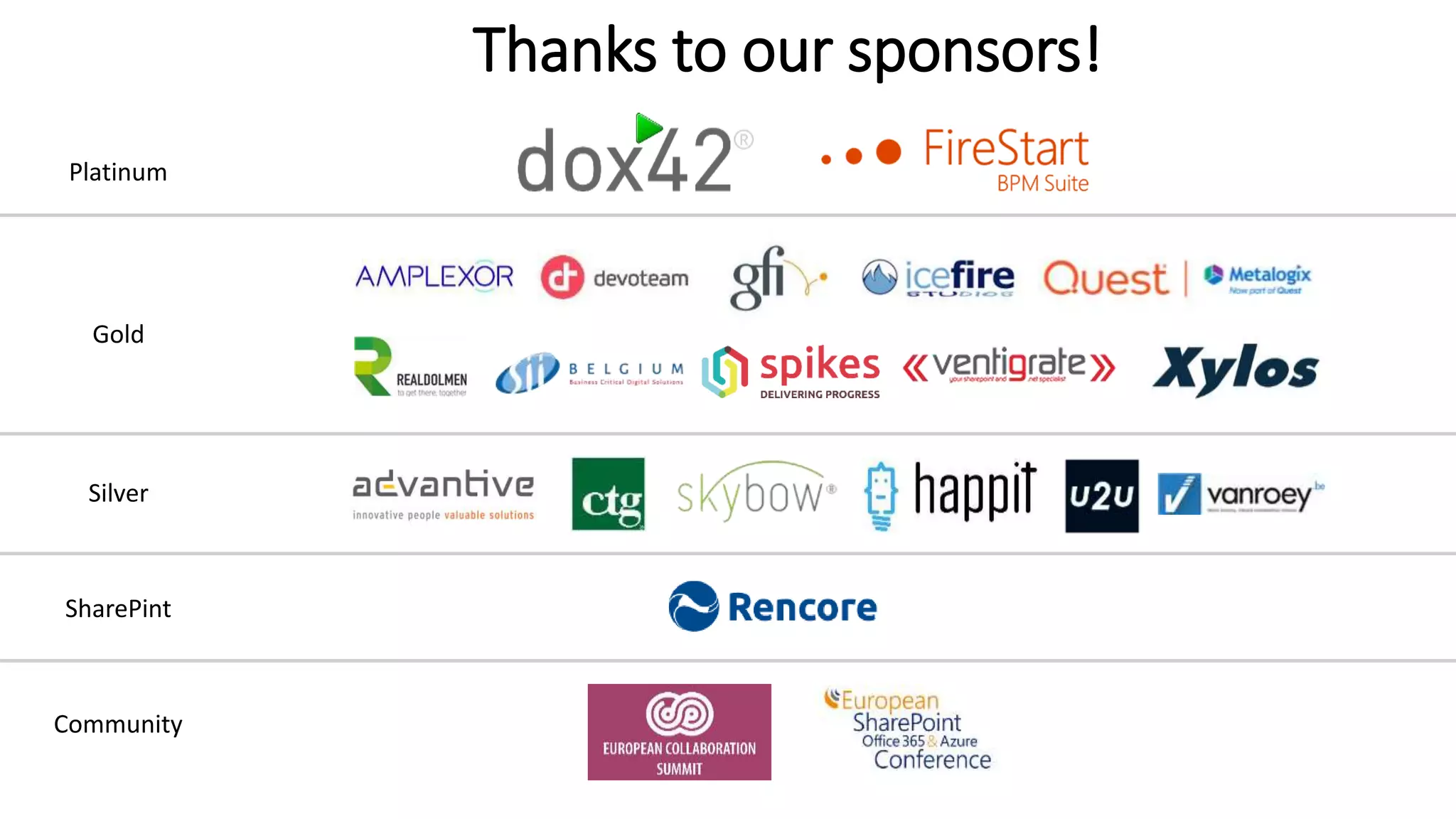 Platinum
Gold
Silver
SharePint
Community
Thanks to our sponsors!
 