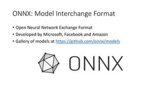 ONNX: Model Interchange Format
• Open Neural Network Exchange Format
• Developed by Microsoft, Facebook and Amazon
• Gallery of models at https://github.com/onnx/models
 