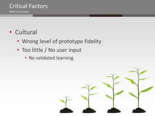 Critical Factors
Risks to Success




• Cultural
      • Wrong level of prototype fidelity
      • Too little / No user input
            • No validated learning
 