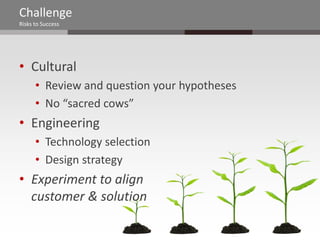 Challenge
Risks to Success




• Cultural
      • Review and question your hypotheses
      • No “sacred cows”
• Engineering
      • Technology selection
      • Design strategy
• Experiment to align
  customer & solution
 