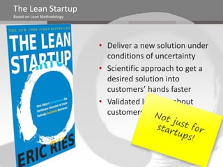 The Lean Startup
Based on Lean Methodology




                            • Deliver a new solution under
                              conditions of uncertainty
                            • Scientific approach to get a
                              desired solution into
                              customers’ hands faster
                            • Validated learning about
                              customers requirements
 