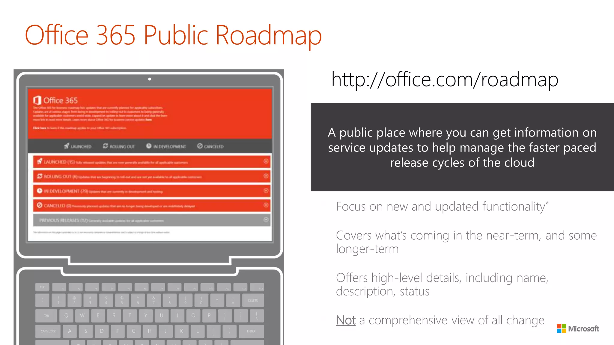 Focus on new and updated functionality*
Covers what’s coming in the near-term, and some
longer-term
Offers high-level details, including name,
description, status
Not a comprehensive view of all change
 