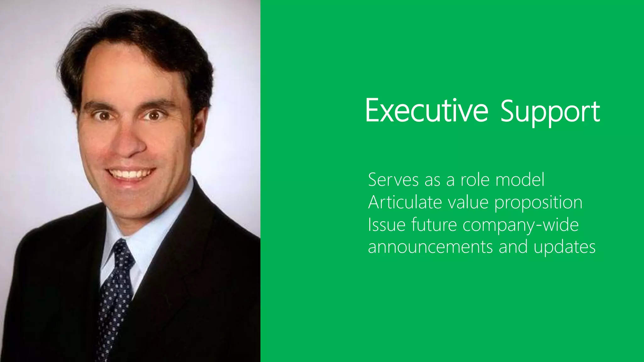 Serves as a role model
Articulate value proposition
Issue future company-wide
announcements and updates
Executive Support
 