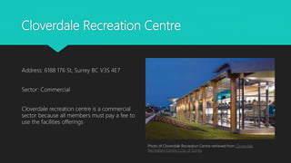 Cloverdale Recreation Centre
Address: 6188 176 St, Surrey BC V3S 4E7
Sector: Commercial
Cloverdale recreation centre is a commercial
sector because all members must pay a fee to
use the facilities offerings
Photo of Cloverdale Recreation Centre retrieved from Cloverdale
Recreation Centre | City of Surrey
 