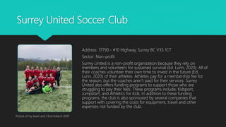 Surrey United Soccer Club
Address: 17790 - #10 Highway, Surrey BC V3S 1C7
Sector: Non-profit
Surrey United is a non-profit organization because they rely on
members and volunteers for sustained survival (Ed. Lunn, 2020). All of
their coaches volunteer their own time to invest in the future (Ed.
Lunn, 2020) of their athletes. Athletes pay for a membership fee for
the season, but the coaches aren’t paid for their services. Surrey
United also offers funding programs to support those who are
struggling to pay their fees. These programs include; Kidsport,
Jumpstart, and Athletics for Kids. In addition to these funding
programs, the club is also sponsored by several companies that
support with covering the costs for equipment, travel and other
expenses not funded by the club.
Picture of my team and I from March 2019
 