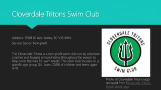 Cloverdale Tritons Swim Club
Address: 17901 60 Ave, Surrey, BC V3S 6W4
Service Sector: Non-profit
The Cloverdale Tritons is a non-profit swim club run by volunteer
coaches and focuses on fundraising throughout the season to
help cover the fees for swim meets. This swim club focuses on a
specific age group (Ed. Lunn, 2020) of children and teens aged
4-18.
Photo of Cloverdale Tritons logo
retrieved from Cloverdale Tritons:
Hytek Swimming
 