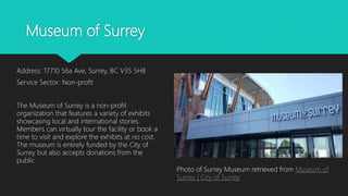 Museum of Surrey
Address: 17710 56a Ave, Surrey, BC V3S 5H8
Service Sector: Non-profit
The Museum of Surrey is a non-profit
organization that features a variety of exhibits
showcasing local and international stories.
Members can virtually tour the facility or book a
time to visit and explore the exhibits at no cost.
The museum is entirely funded by the City of
Surrey but also accepts donations from the
public.
Photo of Surrey Museum retrieved from Museum of
Surrey | City of Surrey
 