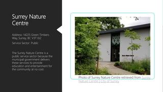 Surrey Nature
Centre
Address: 14225 Green Timbers
Way, Surrey, BC V3T 0J2
Service Sector: Public
The Surrey Nature Centre ...