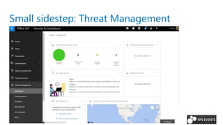 Small sidestep: Threat Management
Insights into e-mail threat and protection
Spam filtering
Malware detection
Enable/disable Dkim signing of e-mails
Quarantine: all e-mails seen as malware, spam, phish, or bulk
 